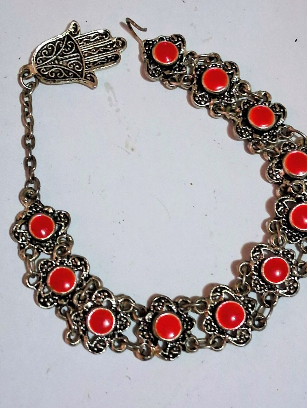 Boho Moroccan Style Hamsa Hand Bracelet Red Coral Faux Resin Cabochon Link 7.5"